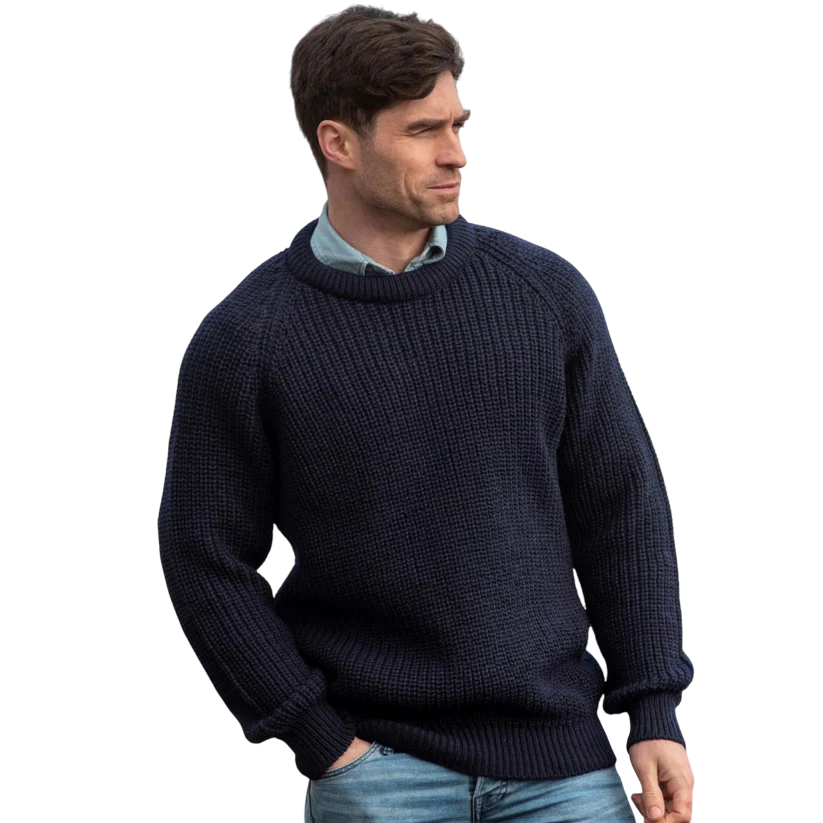 Men's Fisherman Ribbed Aran Navy Jumper