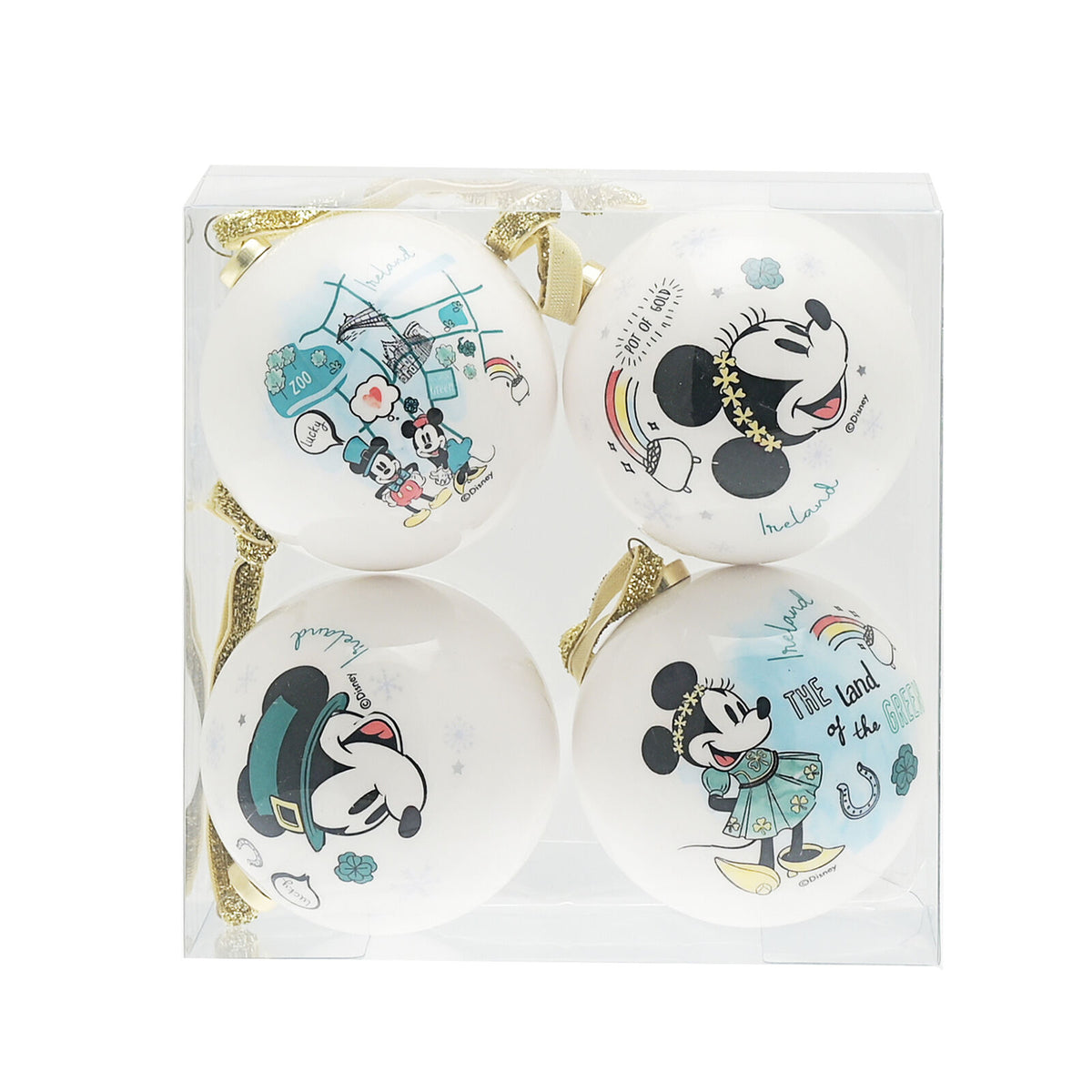 Four white Christmas baubles with Mickey and Minnie Mouse Ireland designs