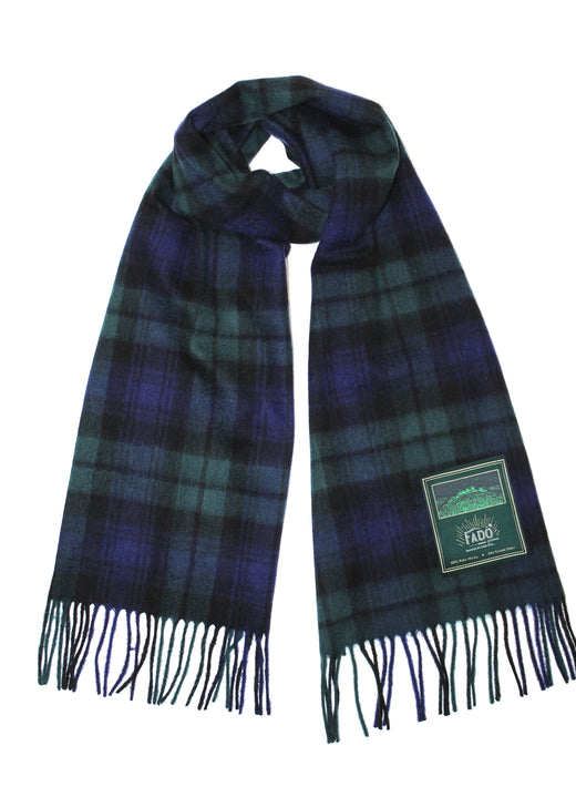 Dark green and blue plaid wool scarf with fringed ends and label