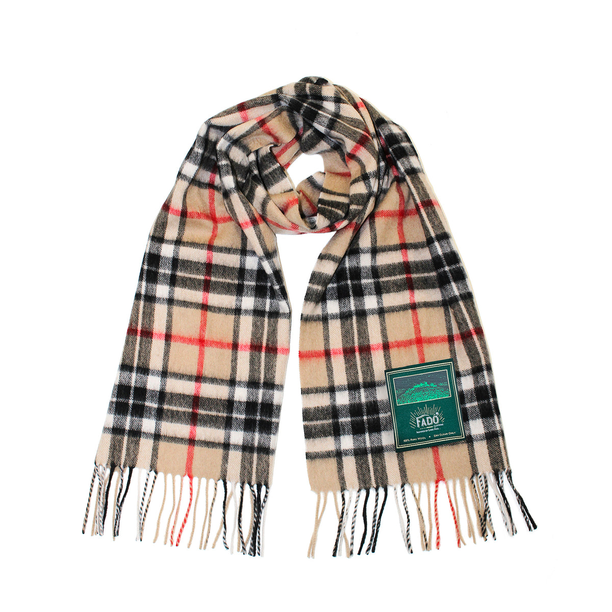 Carrolls Irish Designs Wool Scarf With Beige Black Red And White Design