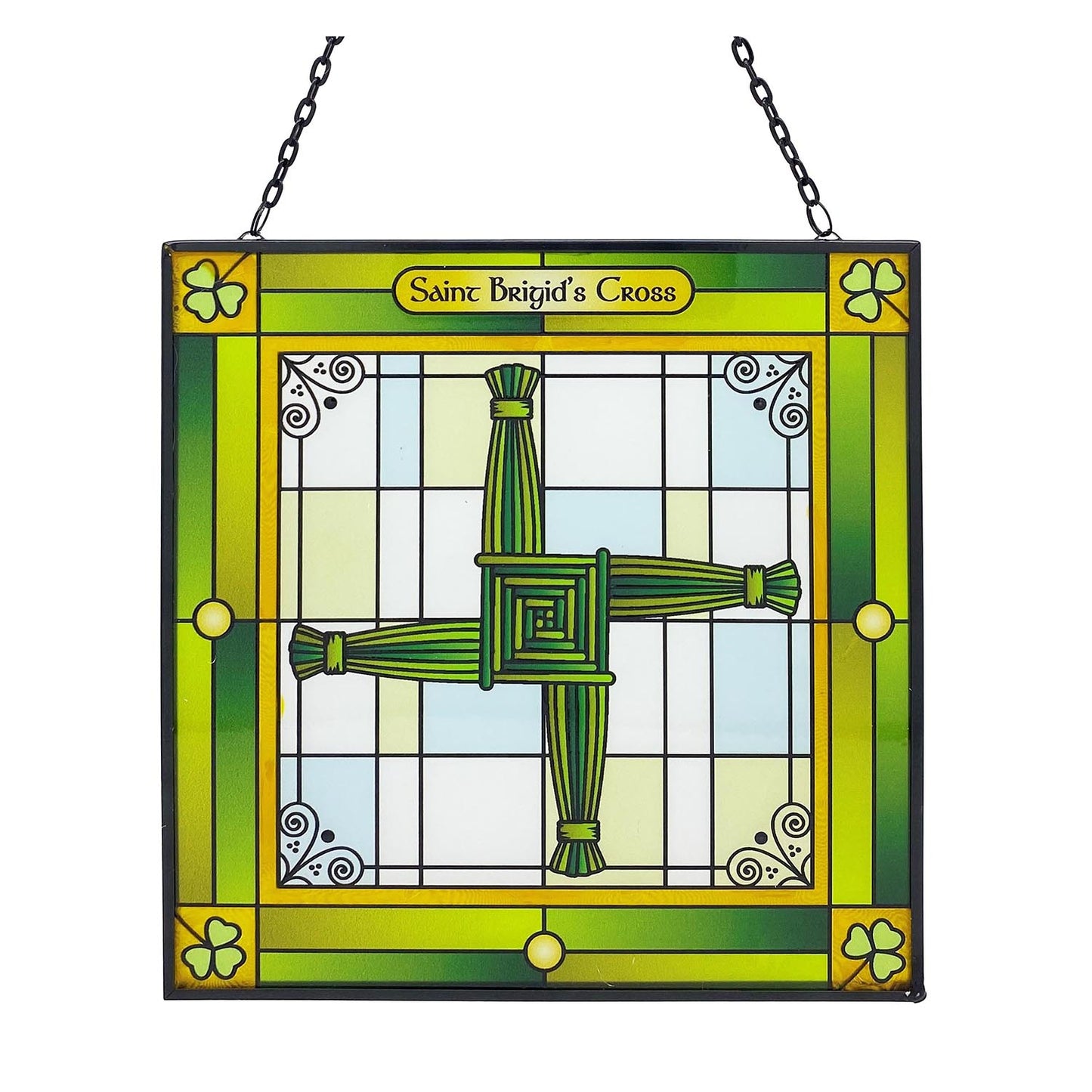 Square stained glass plaque featuring Saint Brigid's Cross design in green with a chain hanger