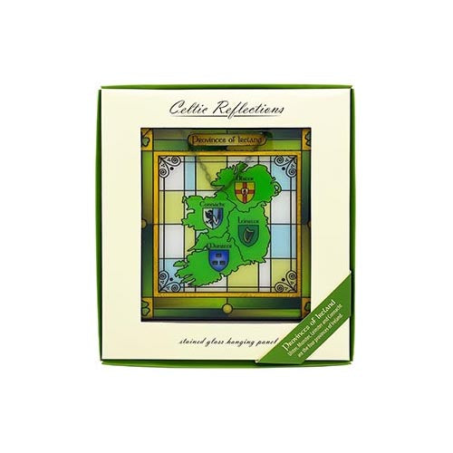 Square stained glass plaque packaging showing Provinces of Ireland map with provincial crests and bordered frame