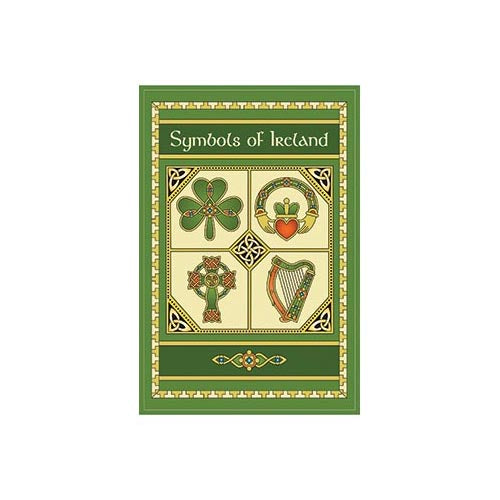 Front of Symbols of Ireland two piece tea towel set packaging with green and gold border and four decorative panels.