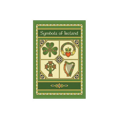 Front of Symbols of Ireland two piece tea towel set packaging with green and gold border and four decorative panels.