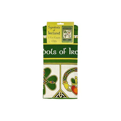 Symbols of Ireland two piece tea towel set in green and gold packaging with a yellow label.