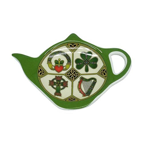 Green teapot shaped teabag holder with a circular panel of four Irish symbols the claddagh heart shamrock Celtic cross and harp