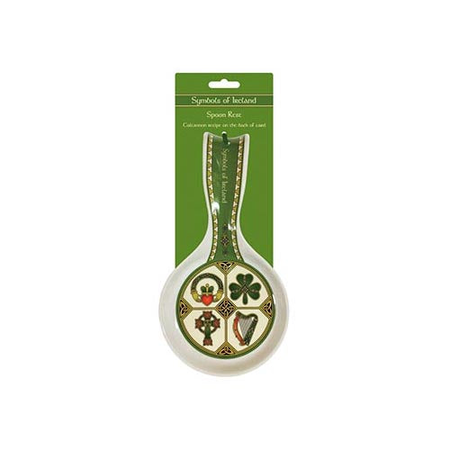 Green packaging for Symbols of Ireland Spoon Rest showing the spoon rest with a round symbol panel on the card