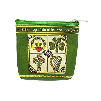 Green Symbols of Ireland zip purse with four panel Celtic designs on the front