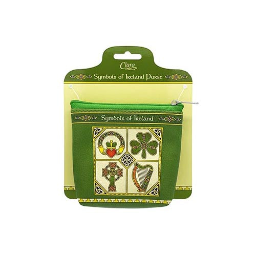 Green Symbols of Ireland zip purse displayed in yellow packaging with a hanger cutout