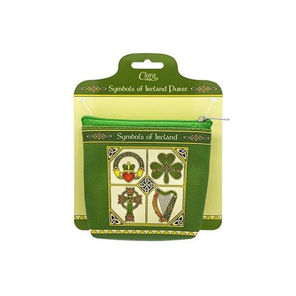 Green Symbols of Ireland zip purse displayed in yellow packaging with a hanger cutout
