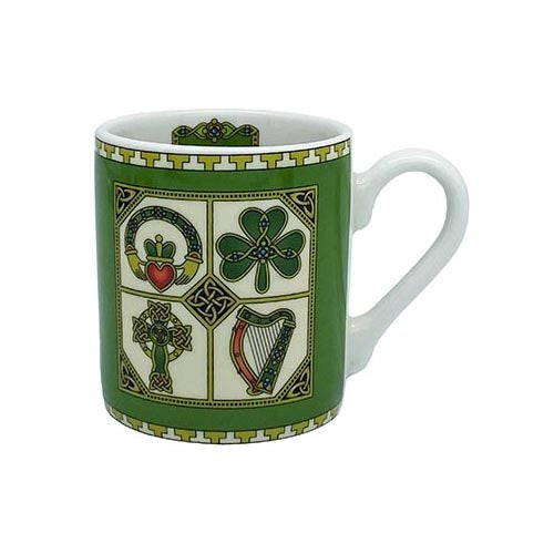 Symbols of Ireland espresso mug with green exterior and four panel Celtic designs around the outside