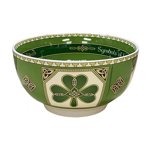 Symbols of Ireland 14 cm bowl with green exterior, clover centerpiece and Celtic border.