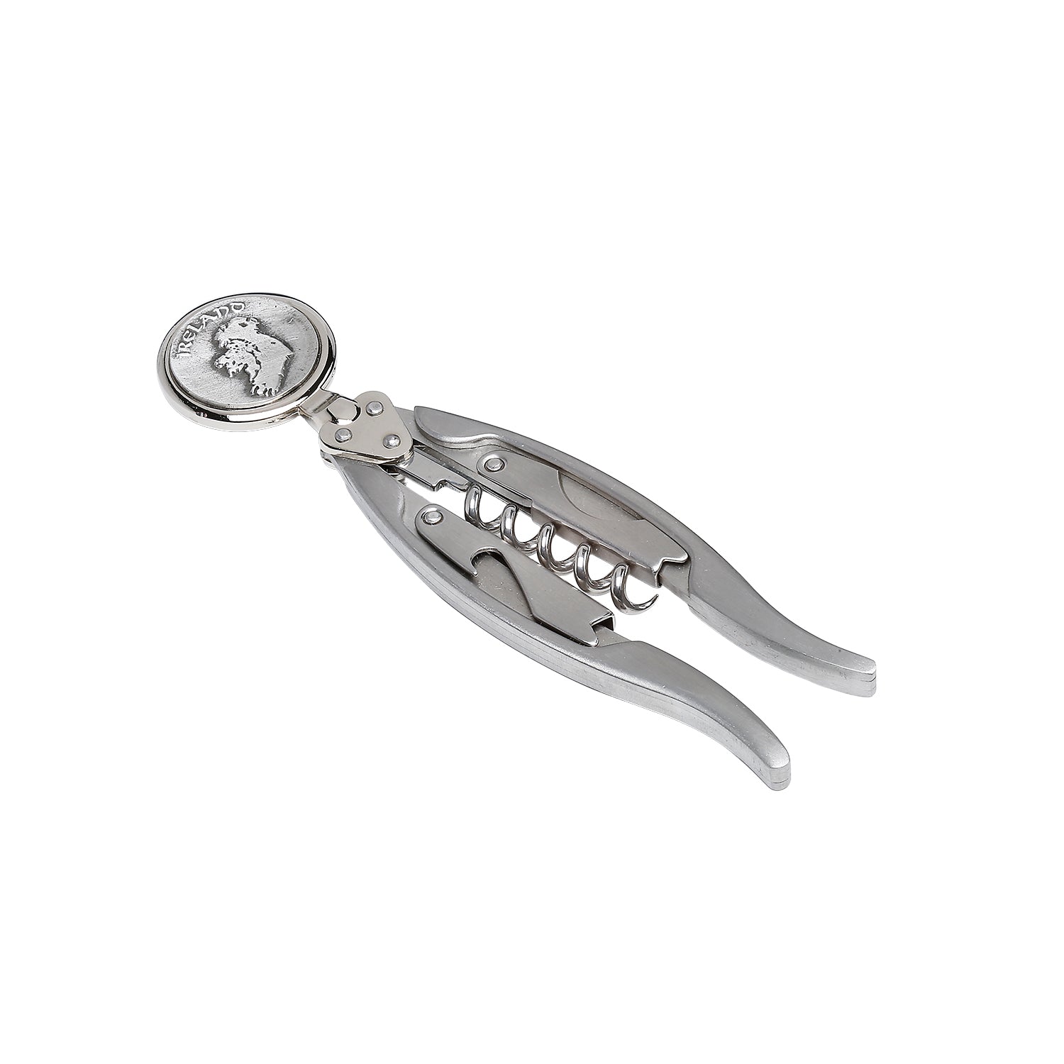 Ireland corkscrew with round coin style handle showing an Ireland map and a metal spiral corkscrew