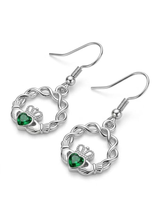 Claddagh earrings featuring emerald green heart stones in silver crown and hands design.