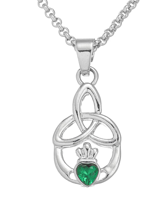 Silver Celtic knot pendant with green heart-shaped gemstone on chain