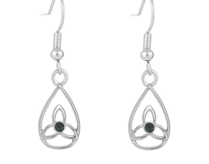 Trinity Knot In Teardrop Design Green Stone Earrings