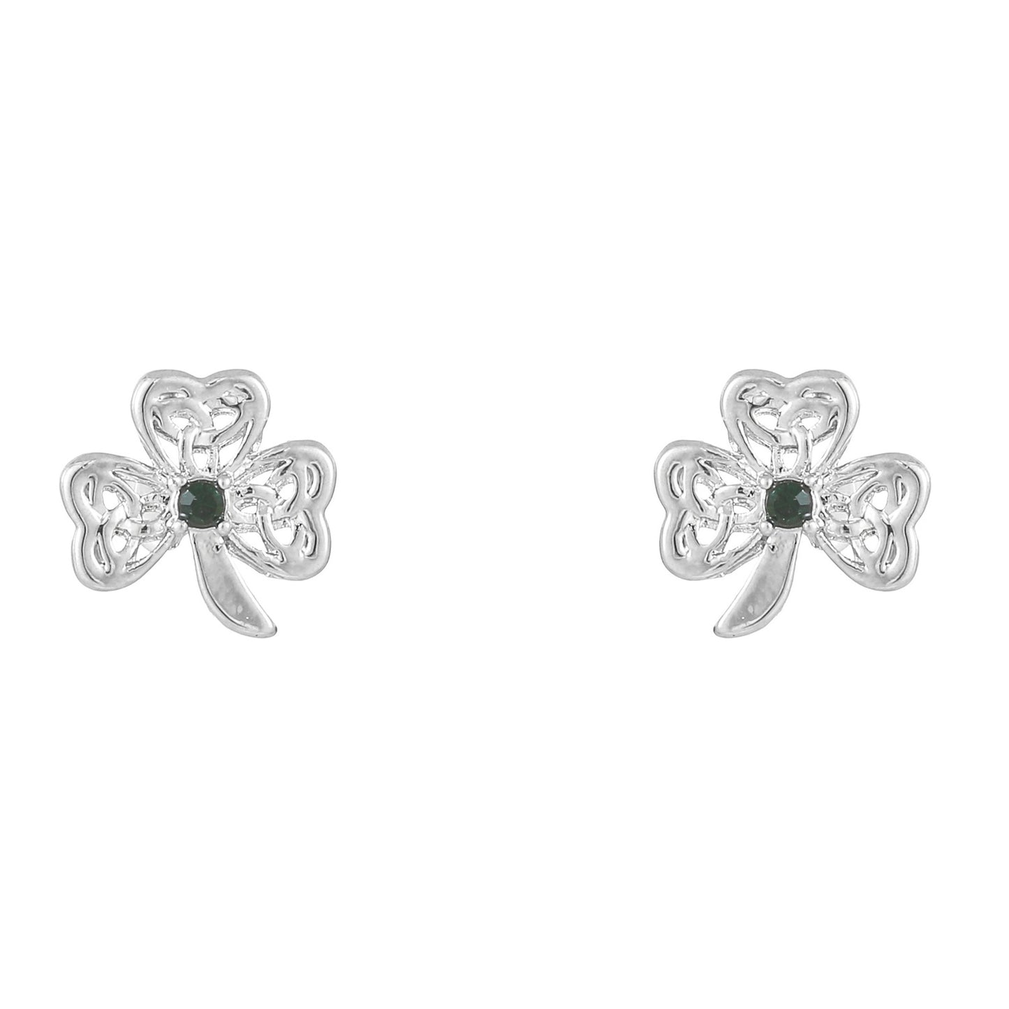 Silver Plated Shamrock Designed Trinity Green Stone Earrings