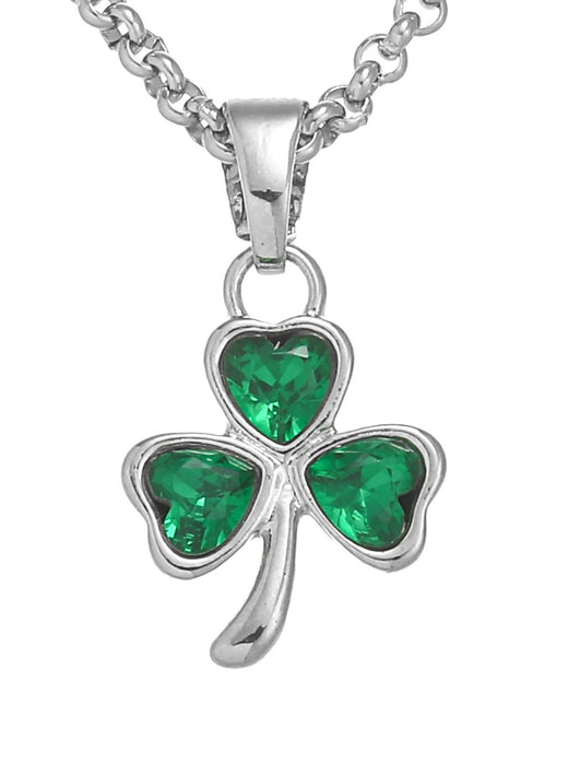Silver necklace with a shamrock pendant featuring green heart-shaped stones