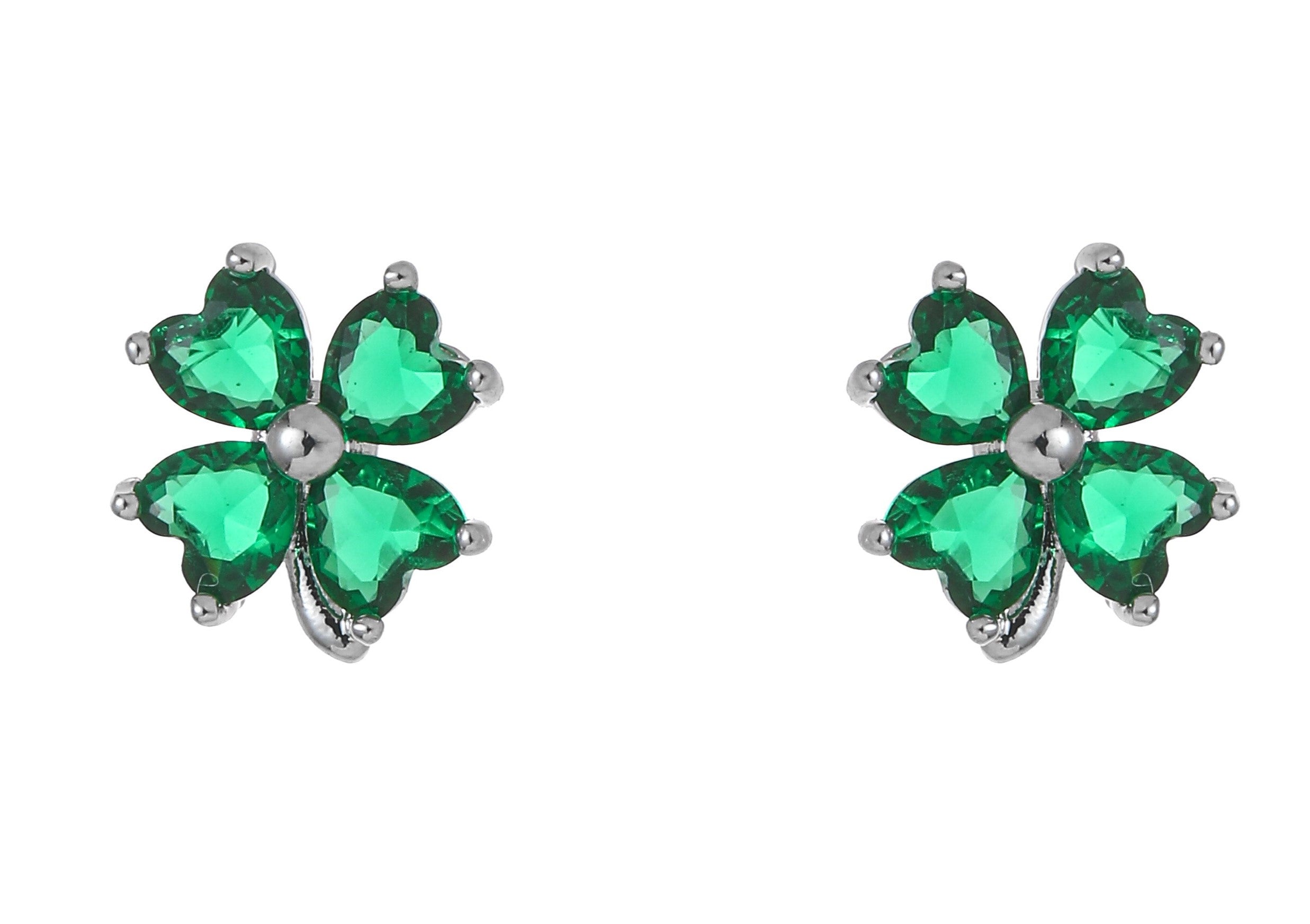 Silver Plated Shamrock Clover Design Green Stone Earrings