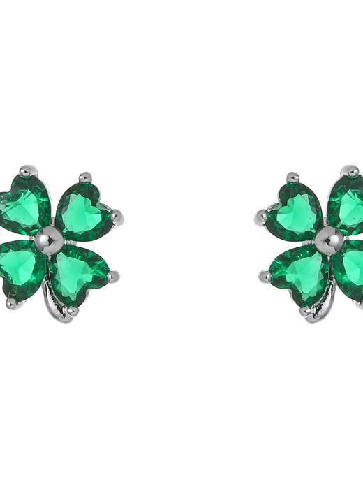 Silver plated shamrock stud earrings with four green heart shaped stones.