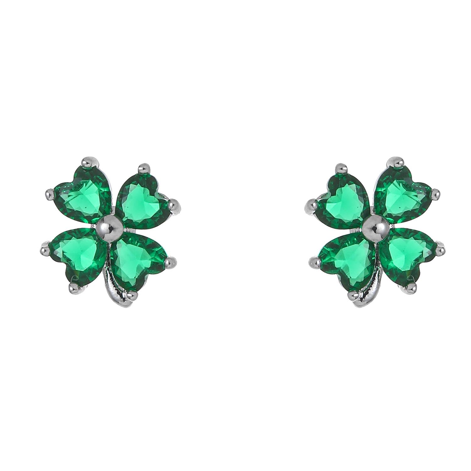 Silver plated shamrock stud earrings with four green heart shaped stones.
