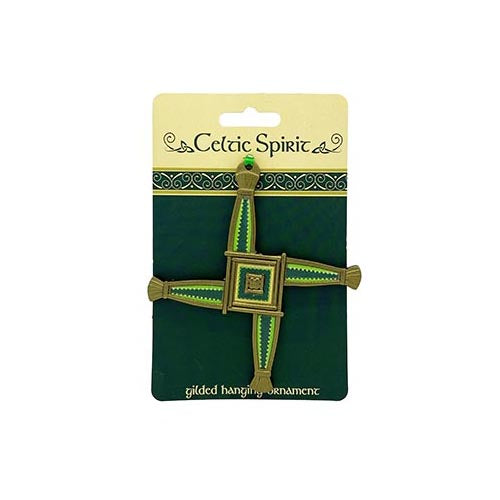 St Brigid Celtic Spirit Ornament cross displayed on a card with green and gold detailing