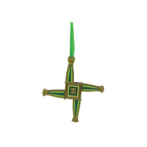 St Brigid Celtic Spirit Ornament cross with green and gold detailing and a green hanging ribbon