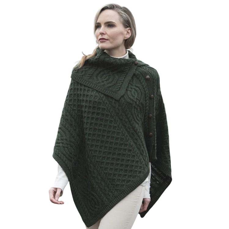 Ladies Traditional Buttoned Cowl Neck Green Poncho