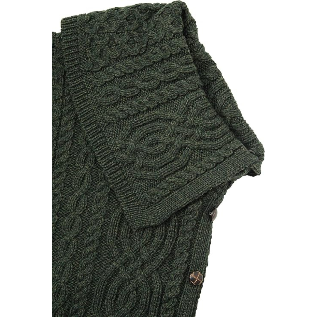 Ladies Traditional Buttoned Cowl Neck Green Poncho