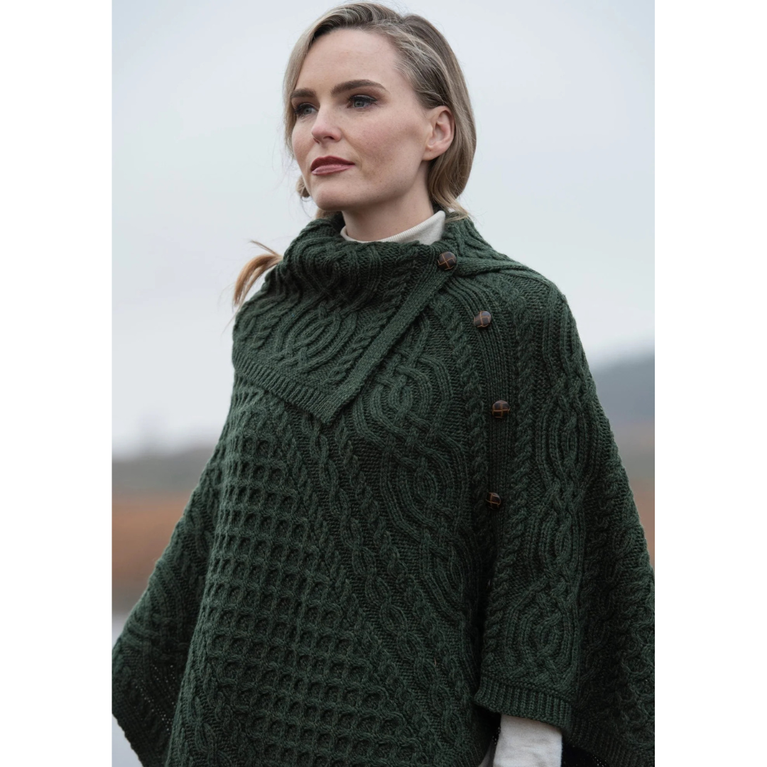 Ladies Traditional Buttoned Cowl Neck Green Poncho