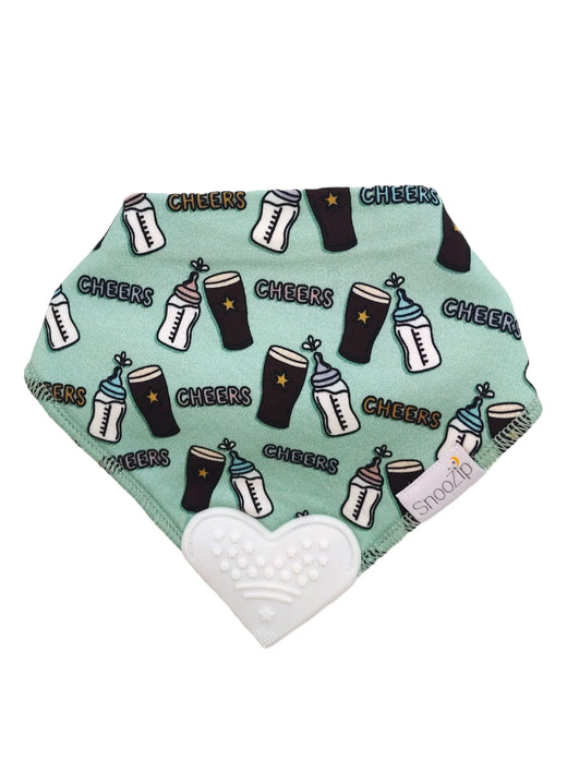 Green baby bib with bottle and beer glass pattern and white teether