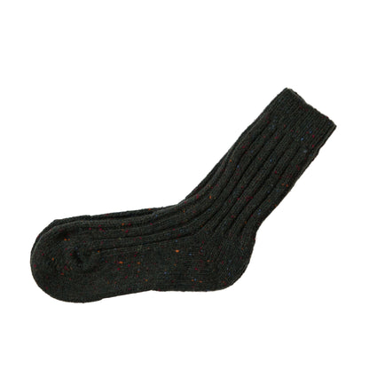 Dark green flecked wool sock with multicolored specks and ribbed cuff