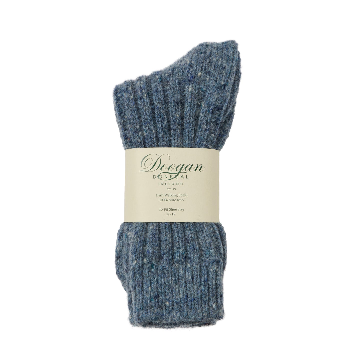 Blue flecked opal wool sock with a ribbed cuff wrapped in a label