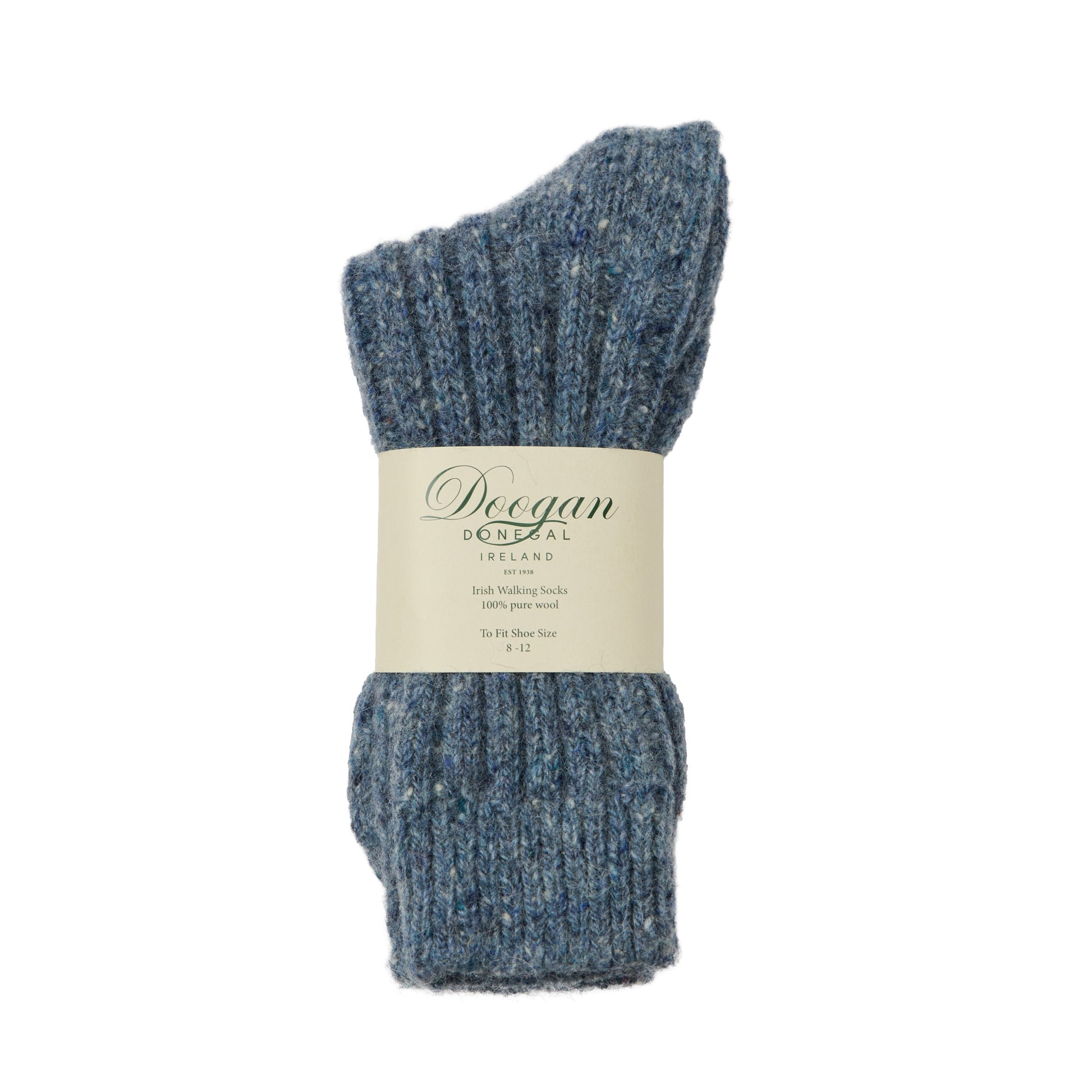 Blue flecked opal wool sock with a ribbed cuff wrapped in a label