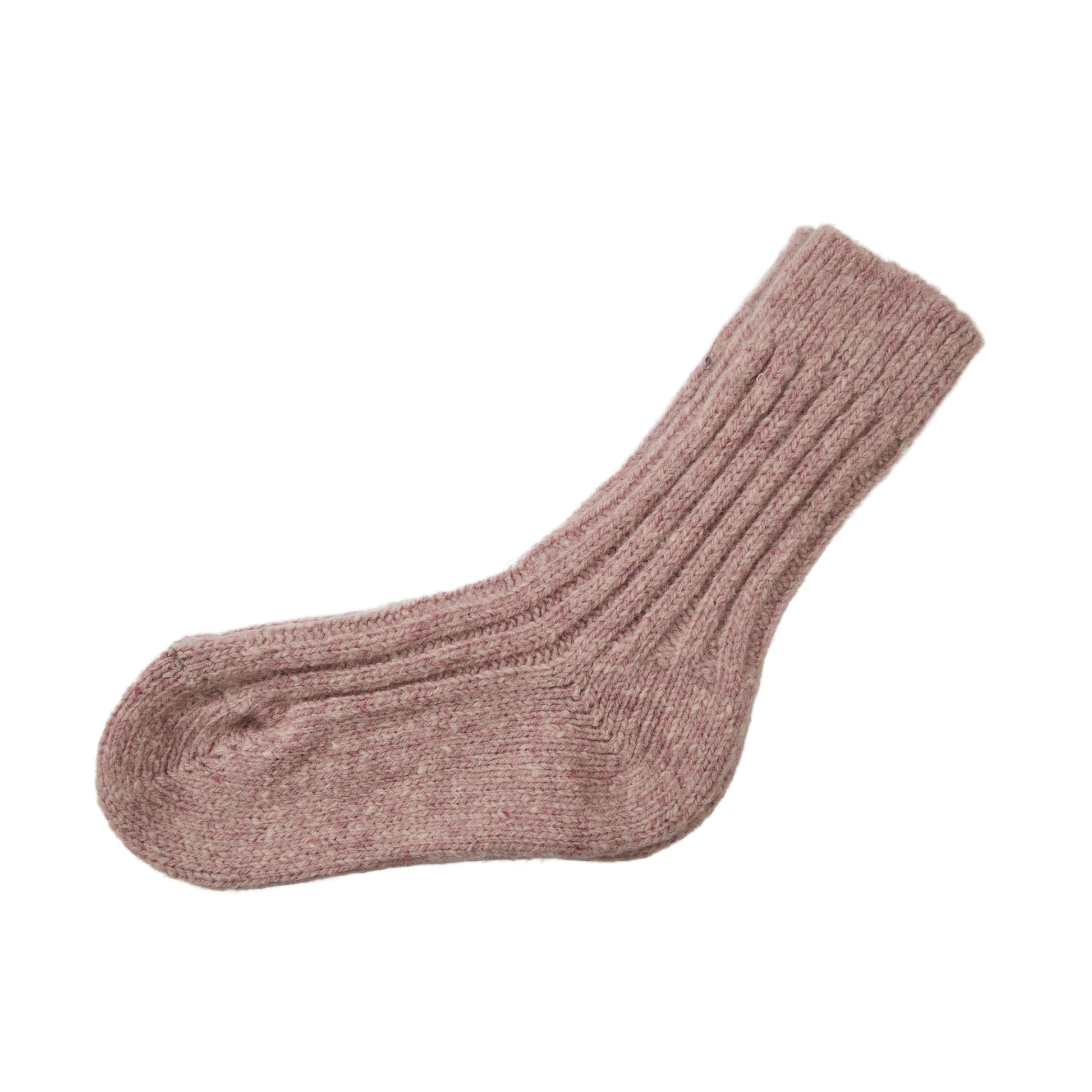 Pink flecked knit sock with a ribbed cuff laid flat