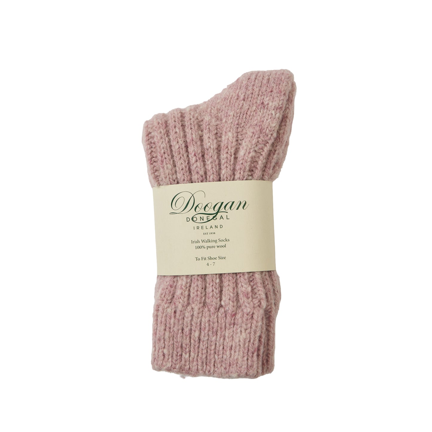Pink flecked Irish walking sock in 100% wool wrapped with a cream Doogan label.