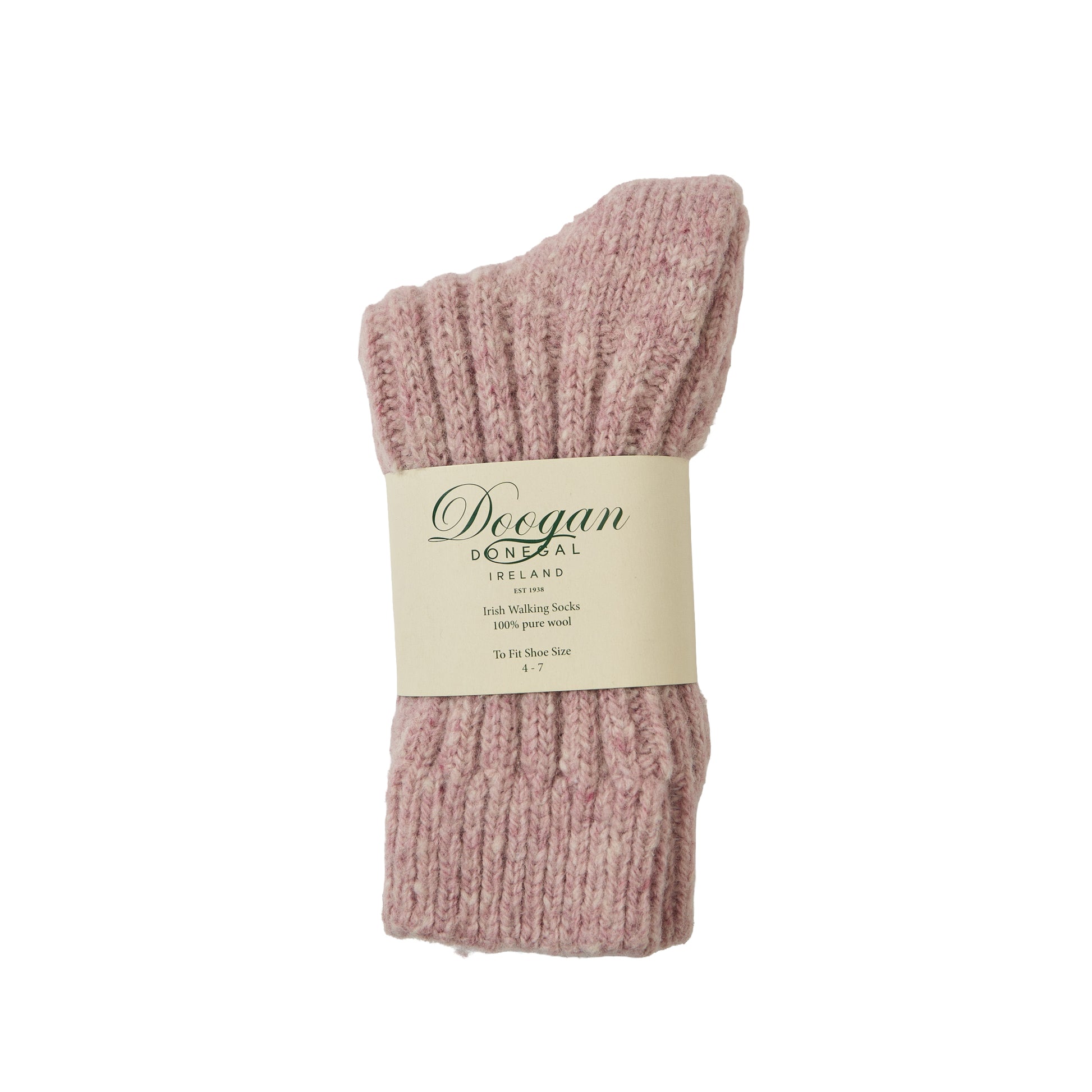 Pink flecked Irish walking sock in 100% wool wrapped with a cream Doogan label.