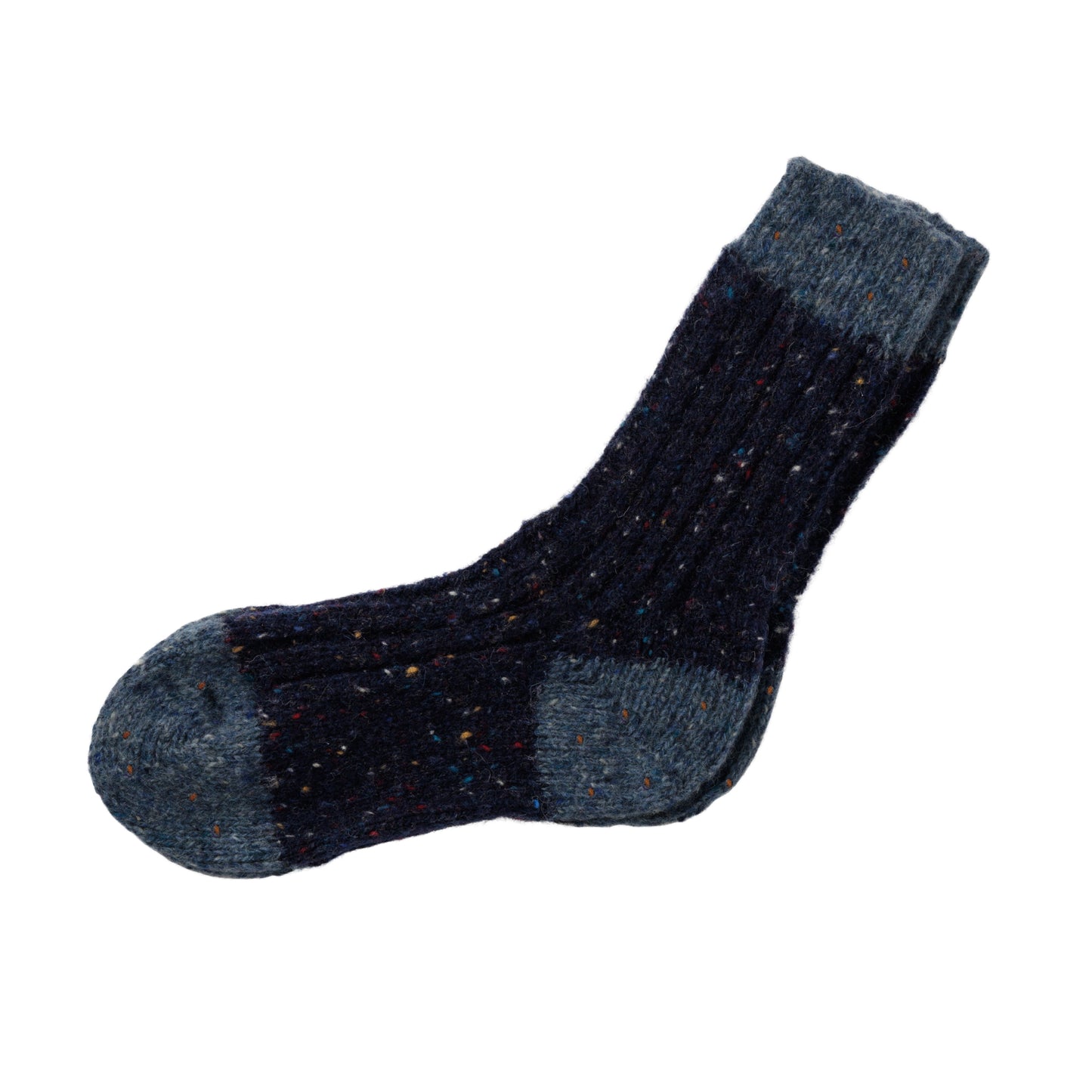 Single flecked navy sock with lighter grey toe and cuff on white background