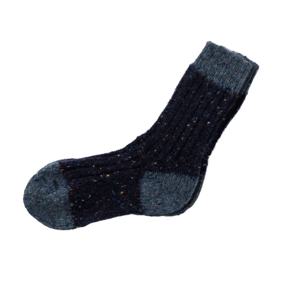 Single flecked navy sock with lighter grey toe and cuff on white background