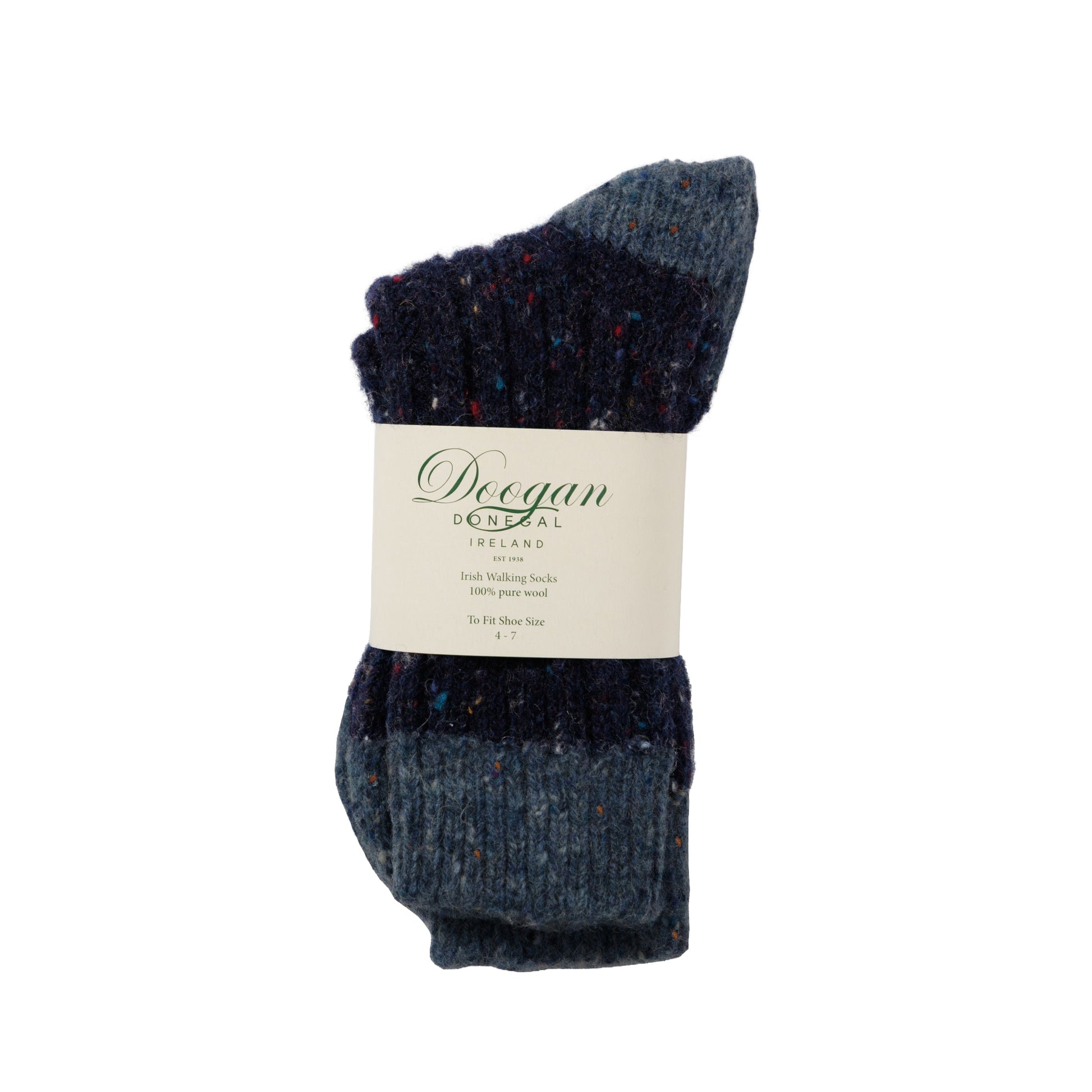 Flecked navy sock folded with beige label around center