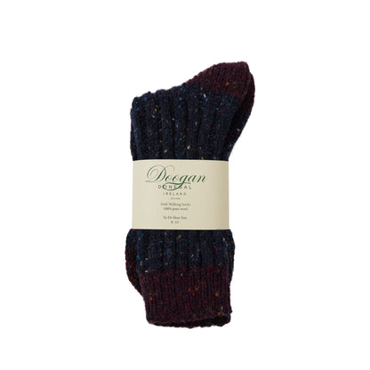Bundle of flecked navy socks with burgundy toe, wrapped with a light label