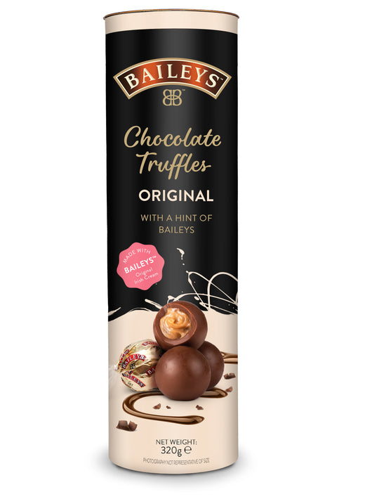 Tall cylindrical container of Baileys chocolate truffles with creamy filling