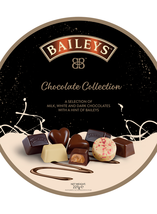 Round box of assorted milk, white, and dark chocolates with Baileys flavor