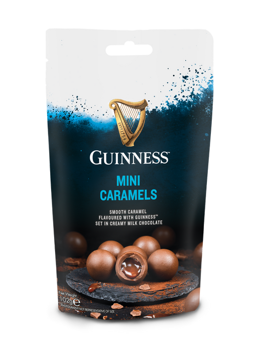 Package of Guinness mini caramels with smooth caramel and milk chocolate
