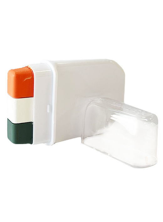 White rectangular device with three colored buttons and a clear plastic cover