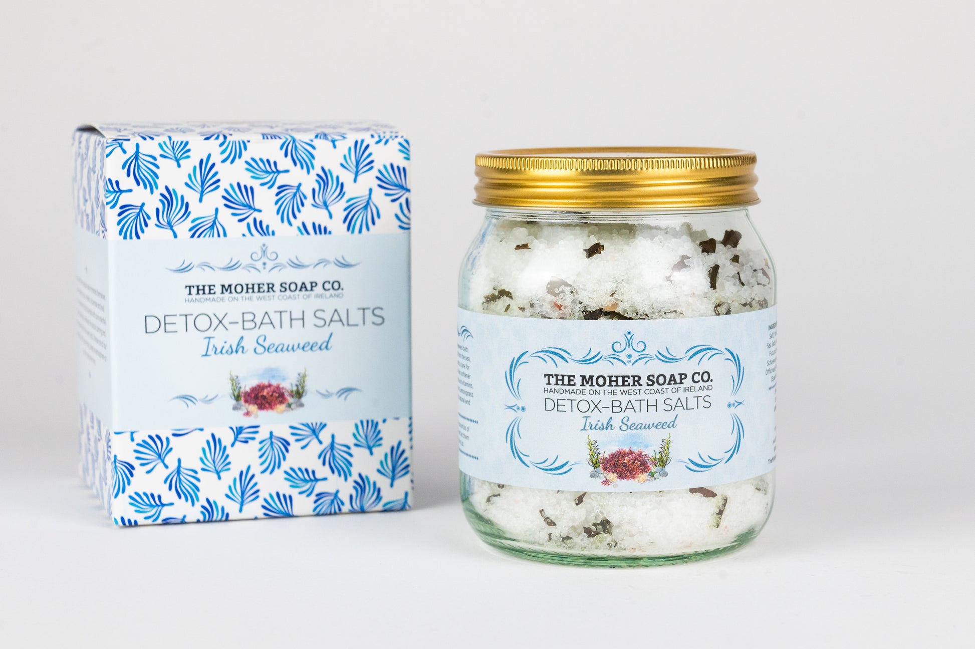 The Moher Soap Co Irish Seaweed Detox Bath Salts box beside the jar on a white background