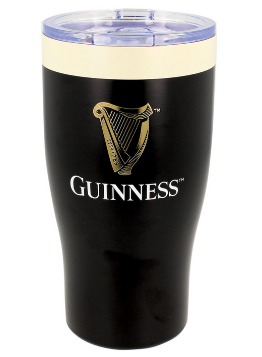 Black insulated tumbler with Guinness logo and clear lid