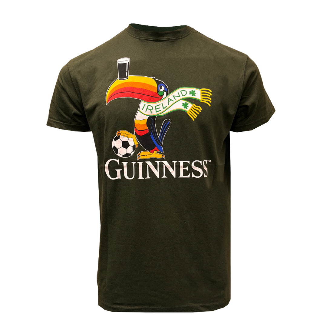 Guinness bottle green football toucan t shirt featuring a colorful toucan and soccer ball