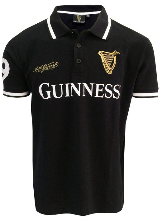 Black polo shirt with white stripes and Guinness logo on front