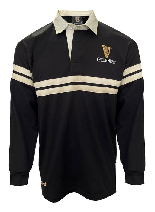 Black long-sleeve rugby shirt with beige collar and stripes